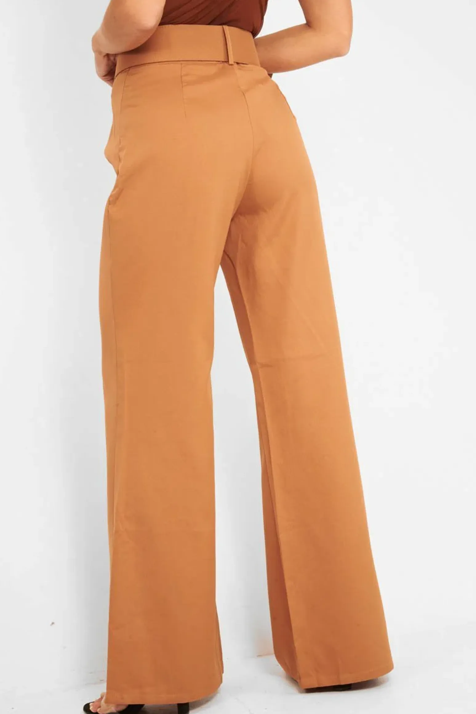 Rebellious Fashion Camel Tailored Wide Leg Belted Trousers - Chenelle