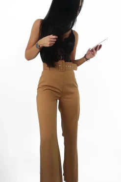Rebellious Fashion Camel Tailored Wide Leg Belted Trousers - Chenelle
