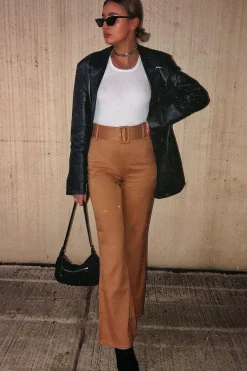 Rebellious Fashion Camel Tailored Wide Leg Belted Trousers - Chenelle