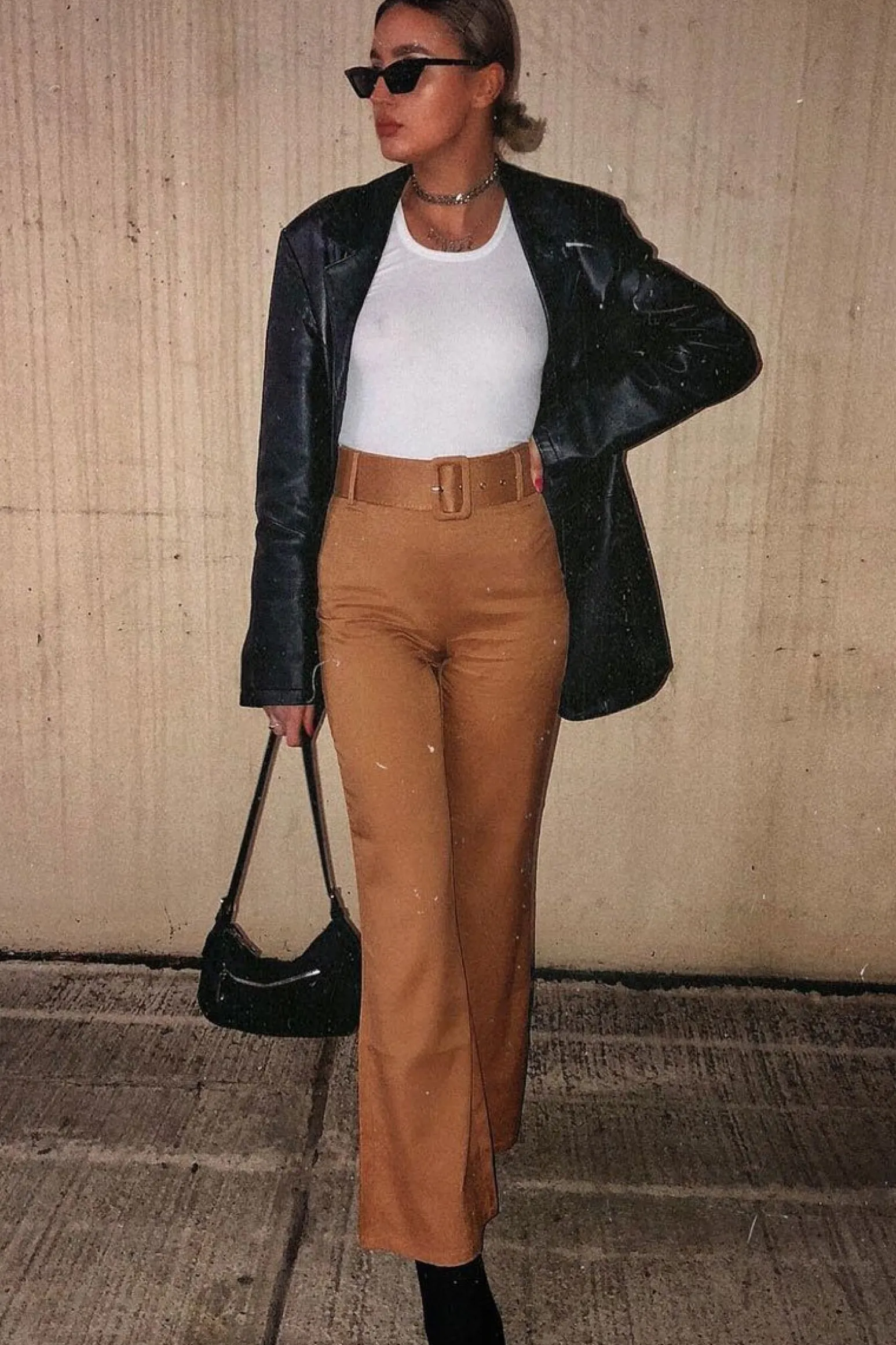 Rebellious Fashion Camel Tailored Wide Leg Belted Trousers - Chenelle