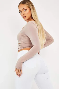 Rebellious Fashion Camel Tie Wrap Front Ring Detail Crop Top - Taylor