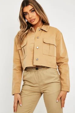 Rebellious Fashion Camel Utility Pocket Cropped Denim Jacket - Elzie