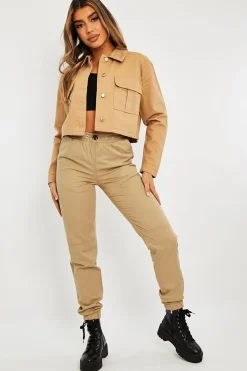 Rebellious Fashion Camel Utility Pocket Cropped Denim Jacket - Elzie
