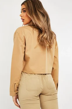 Rebellious Fashion Camel Utility Pocket Cropped Denim Jacket - Elzie