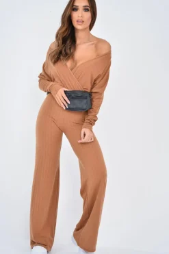 Rebellious Fashion Camel Wide Leg Rib Plunge Jersey Jumpsuit - Tarlia