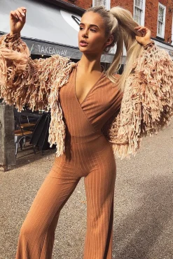 Rebellious Fashion Camel Wide Leg Rib Plunge Jersey Jumpsuit - Tarlia