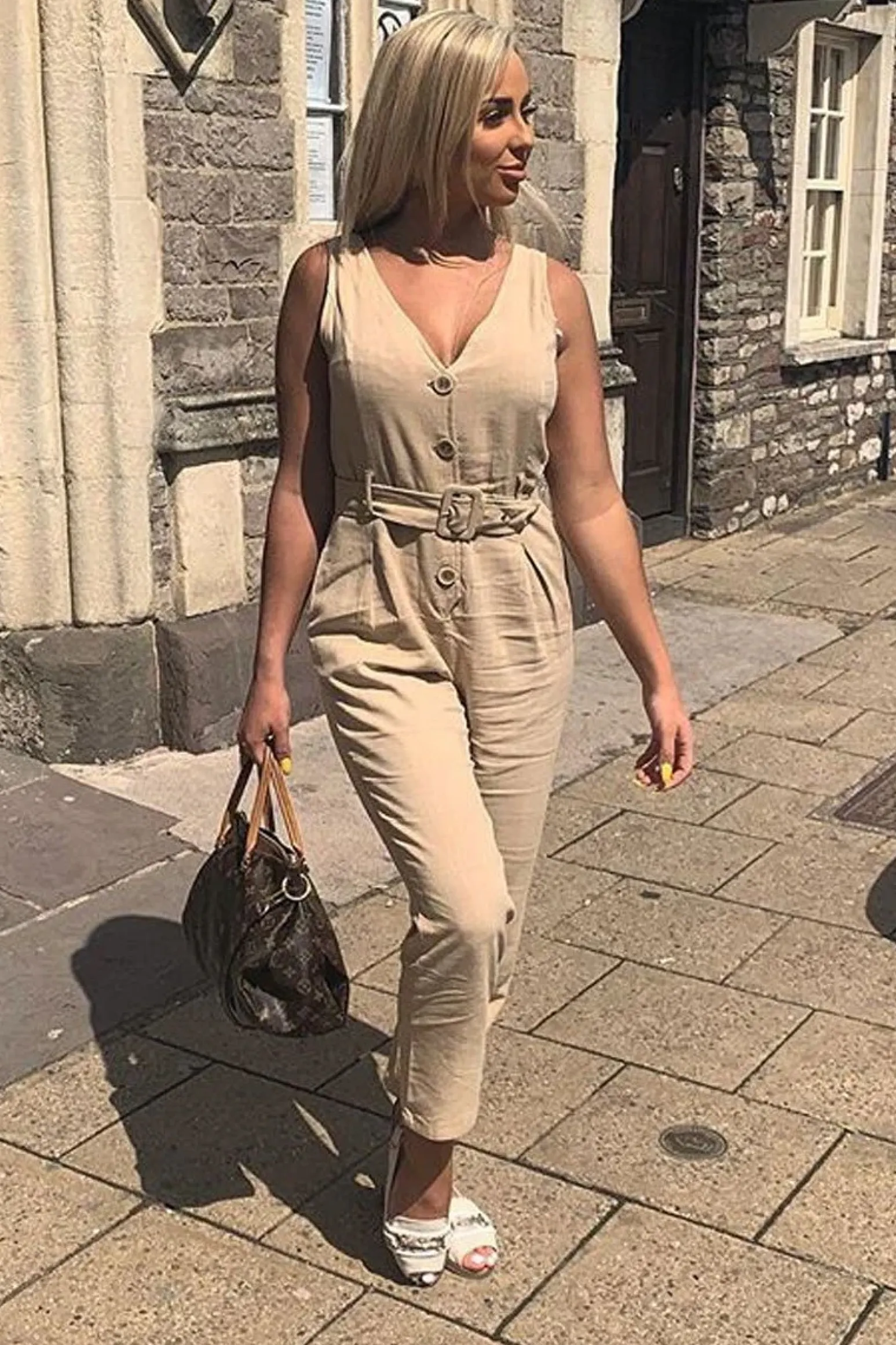 Rebellious Fashion Camel Woven Plunge Button Front Belted Jumpsuit - Stephani