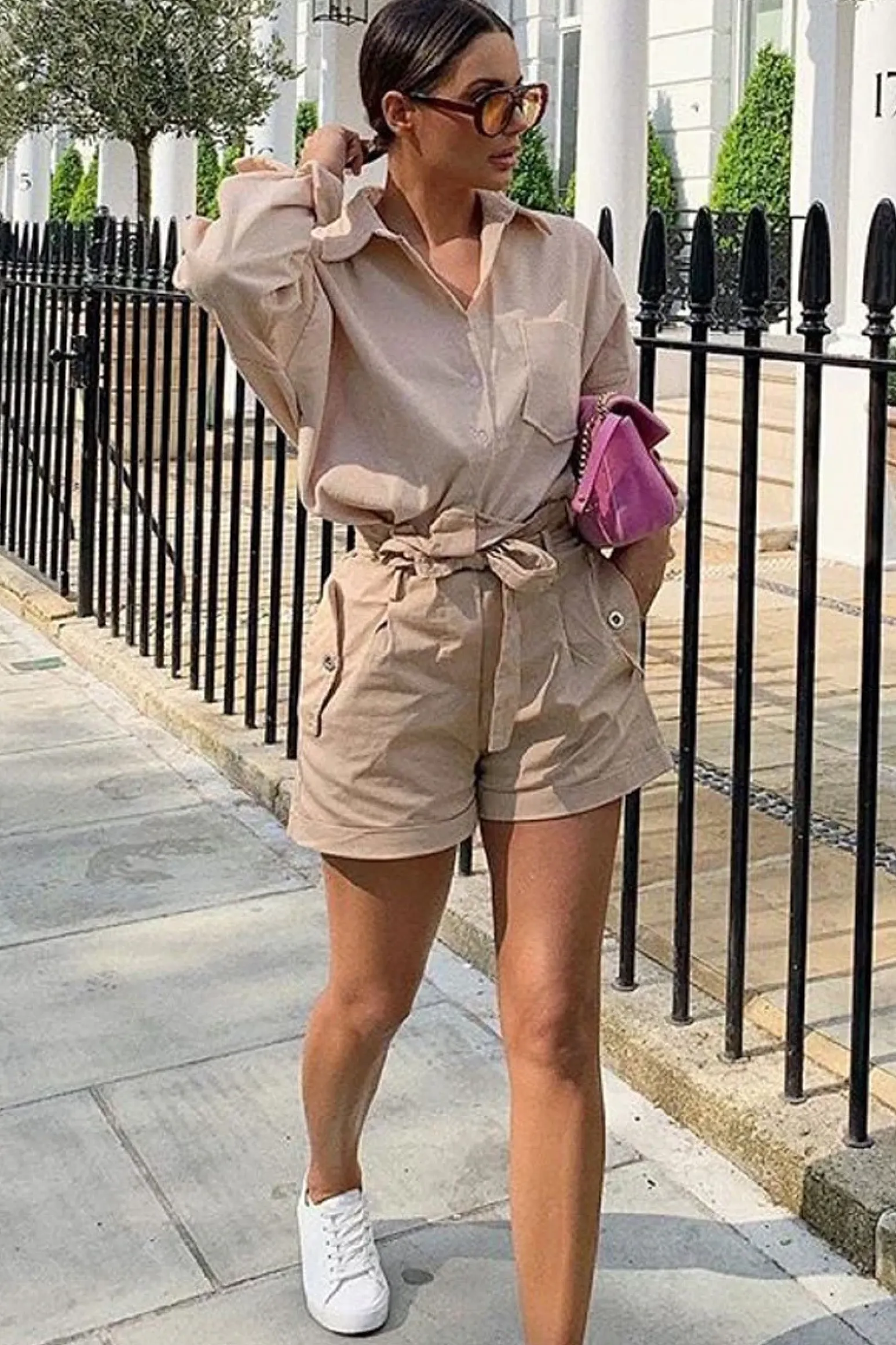 Rebellious Fashion Camel Woven Tie Waist Tailored Shorts - Perrie