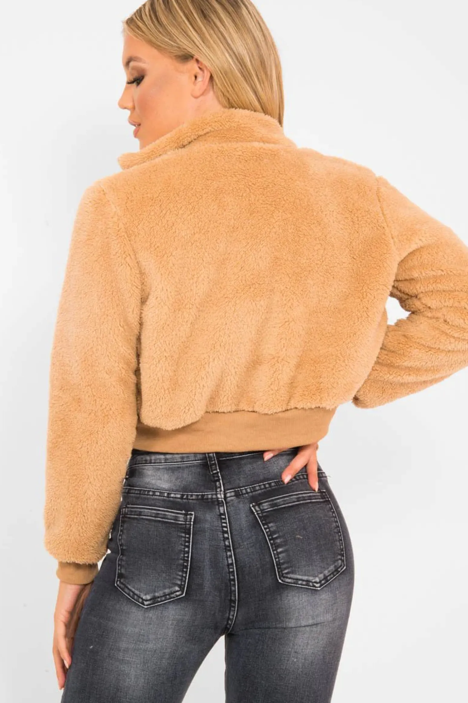 Rebellious Fashion Camel Zip Front Faux Fur Crop Jacket - Perri