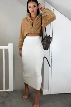 Rebellious Fashion Camel Zip Front Faux Fur Crop Jacket - Perri