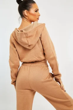 Rebellious Fashion Camel Zip Up Cropped Hoodie - Skarlet