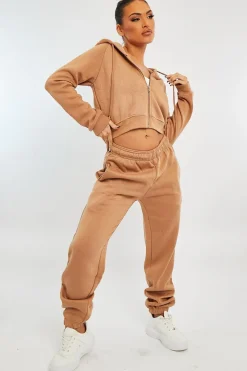 Rebellious Fashion Camel Zip Up Cropped Hoodie - Skarlet