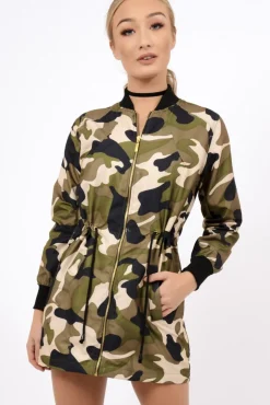 Rebellious Fashion Camo Bomber Style Long Jacket - Brea