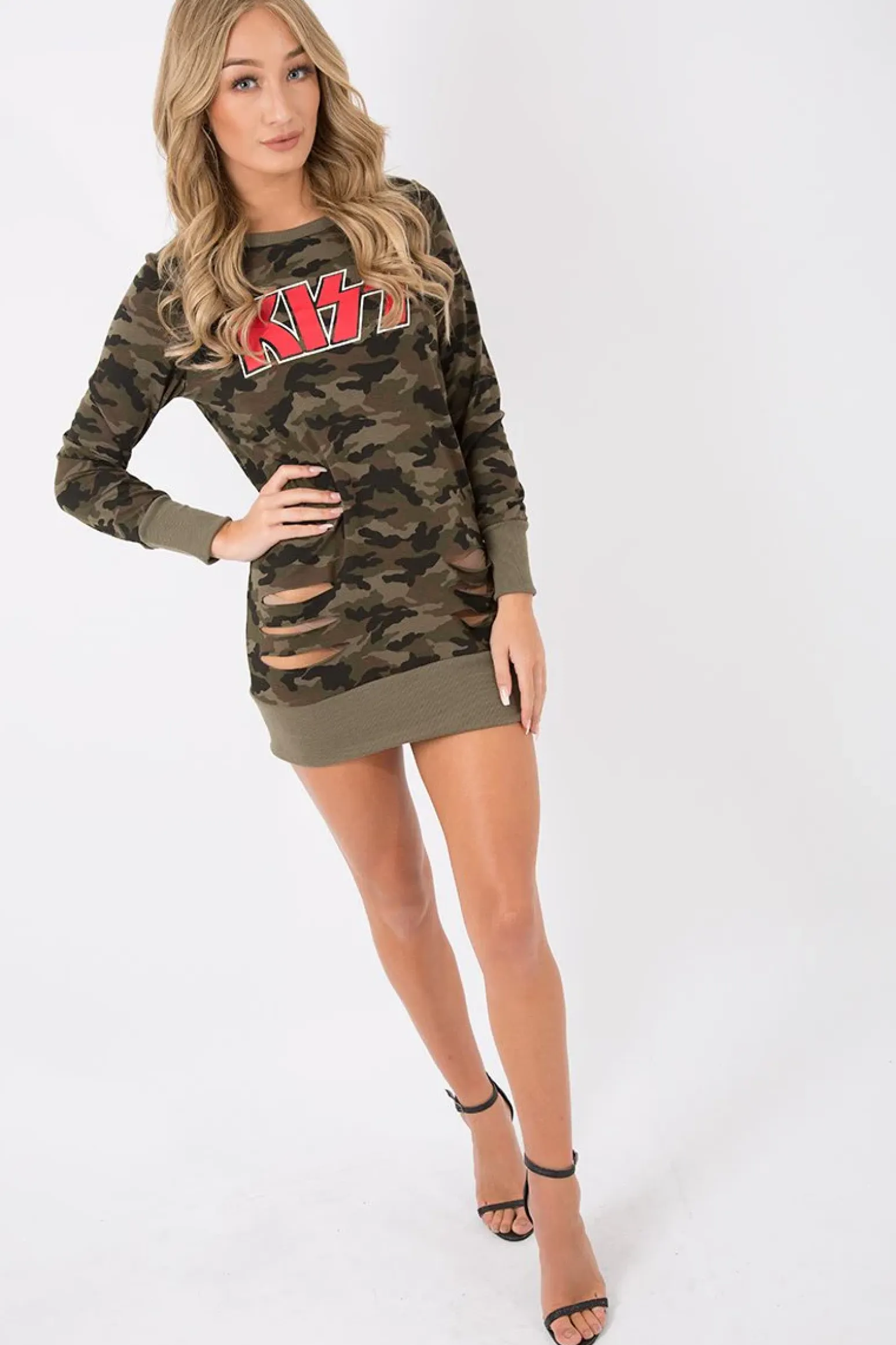 Rebellious Fashion Camo Distressed Kiss Jumper Dress - Ferne