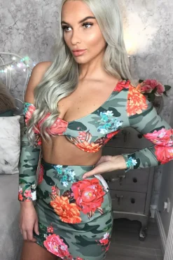 Rebellious Fashion Camo Floral Mini Skirt and Crop Top Co-ord - Rhona