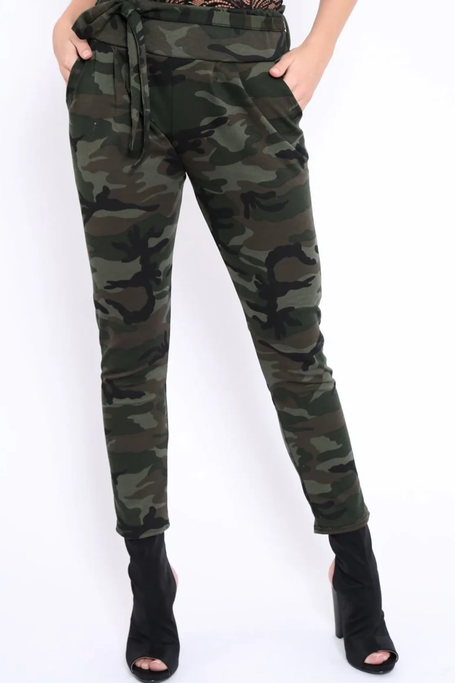 Rebellious Fashion Camo Paper Bag Tie Waist Cigarette Trousers - Karmen