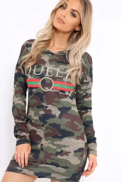 Rebellious Fashion Camo Slogan Hooded Dress - Ramona