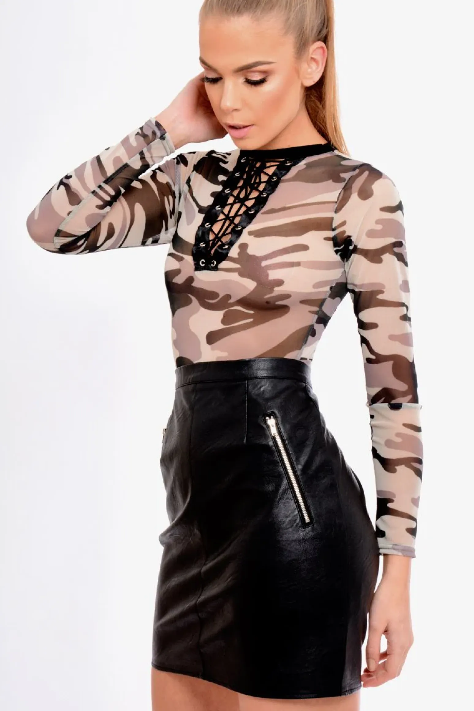 Rebellious Fashion Camouflage Lace Up Long Sleeve Bodysuit - Lilly