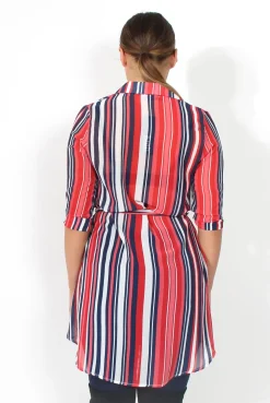 Rebellious Fashion Candy Red Sheer Stripe Tie Waist Shirt
