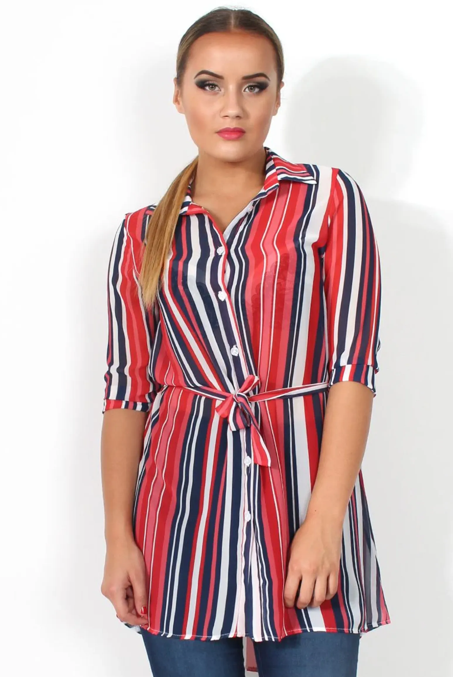 Rebellious Fashion Candy Red Sheer Stripe Tie Waist Shirt