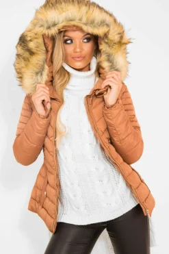 Rebellious Fashion Caramel Faux Fur Hood Gold Detail Puffer Coat - Rylah