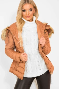 Rebellious Fashion Caramel Faux Fur Hood Gold Detail Puffer Coat - Rylah