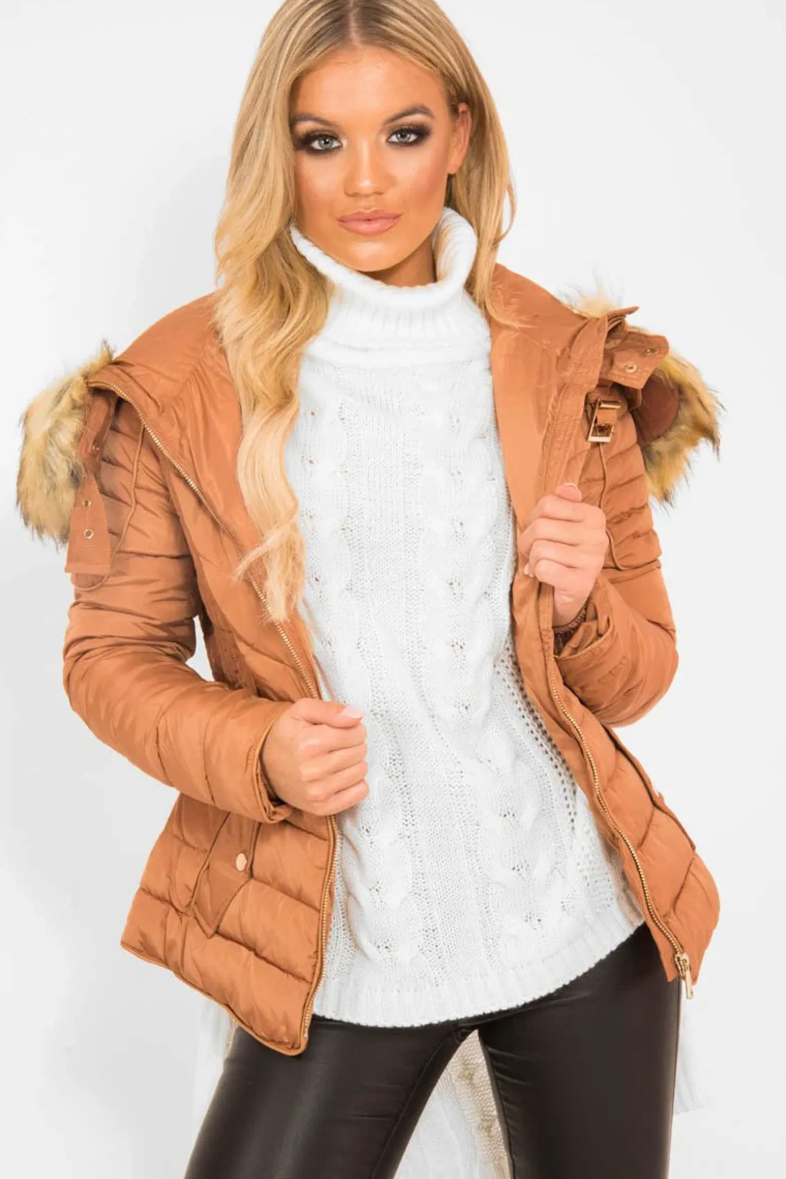 Rebellious Fashion Caramel Faux Fur Hood Gold Detail Puffer Coat - Rylah