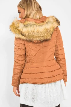 Rebellious Fashion Caramel Faux Fur Hood Gold Detail Puffer Coat - Rylah