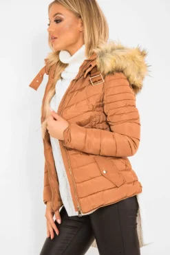 Rebellious Fashion Caramel Faux Fur Hood Gold Detail Puffer Coat - Rylah