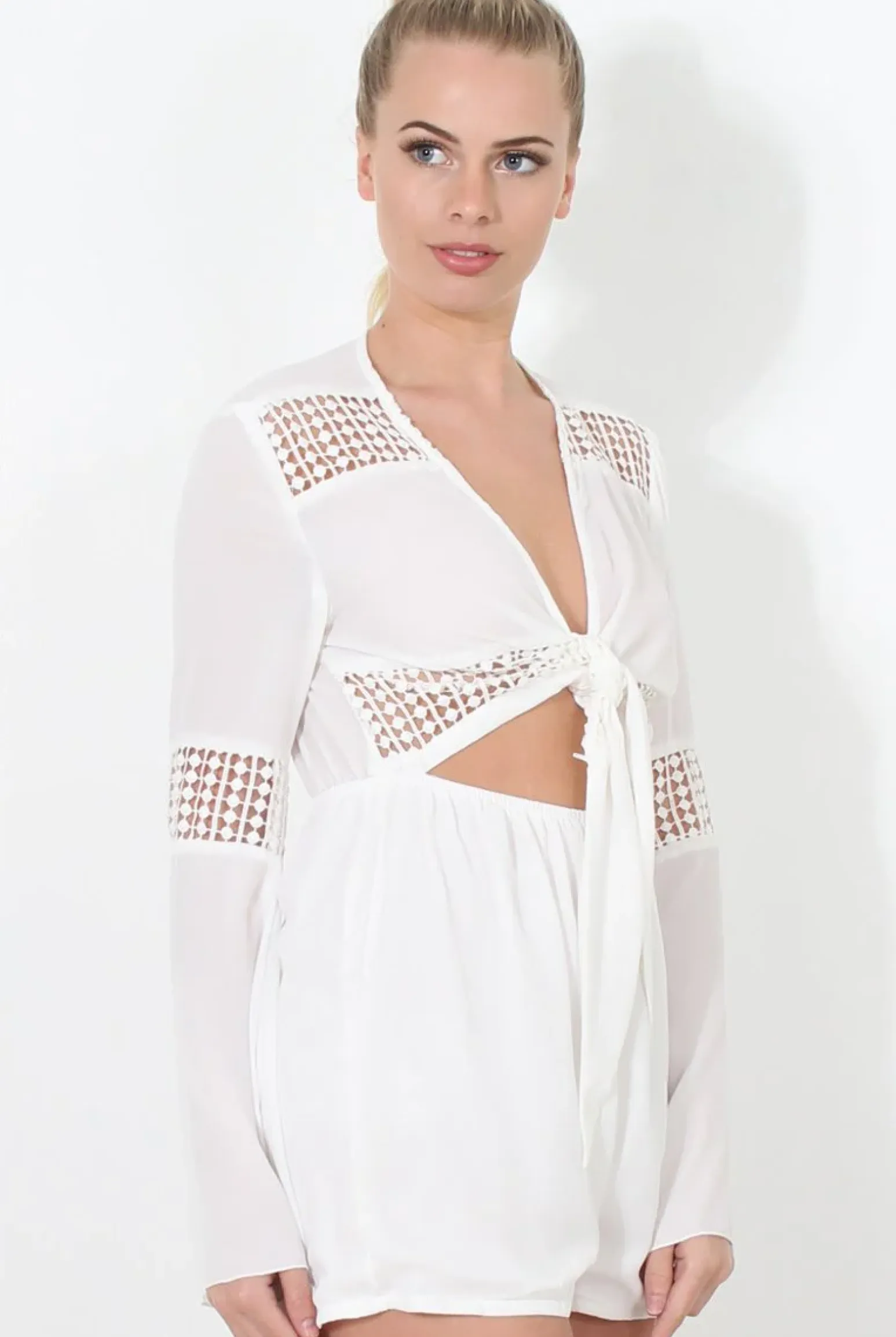 Rebellious Fashion Carson White Crochet Detail Playsuit