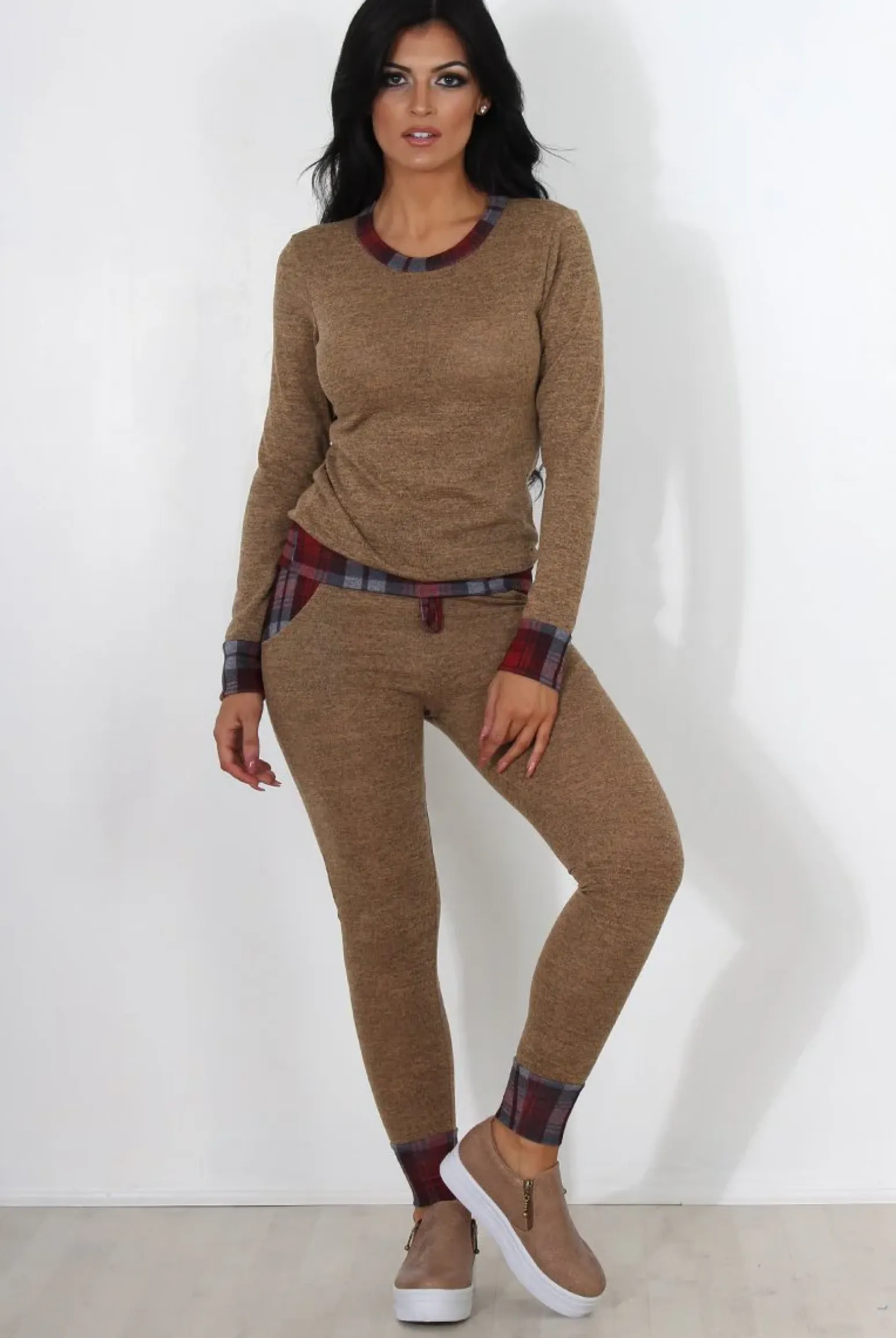 Rebellious Fashion Cathie Camel Tartan Trim Loungewear