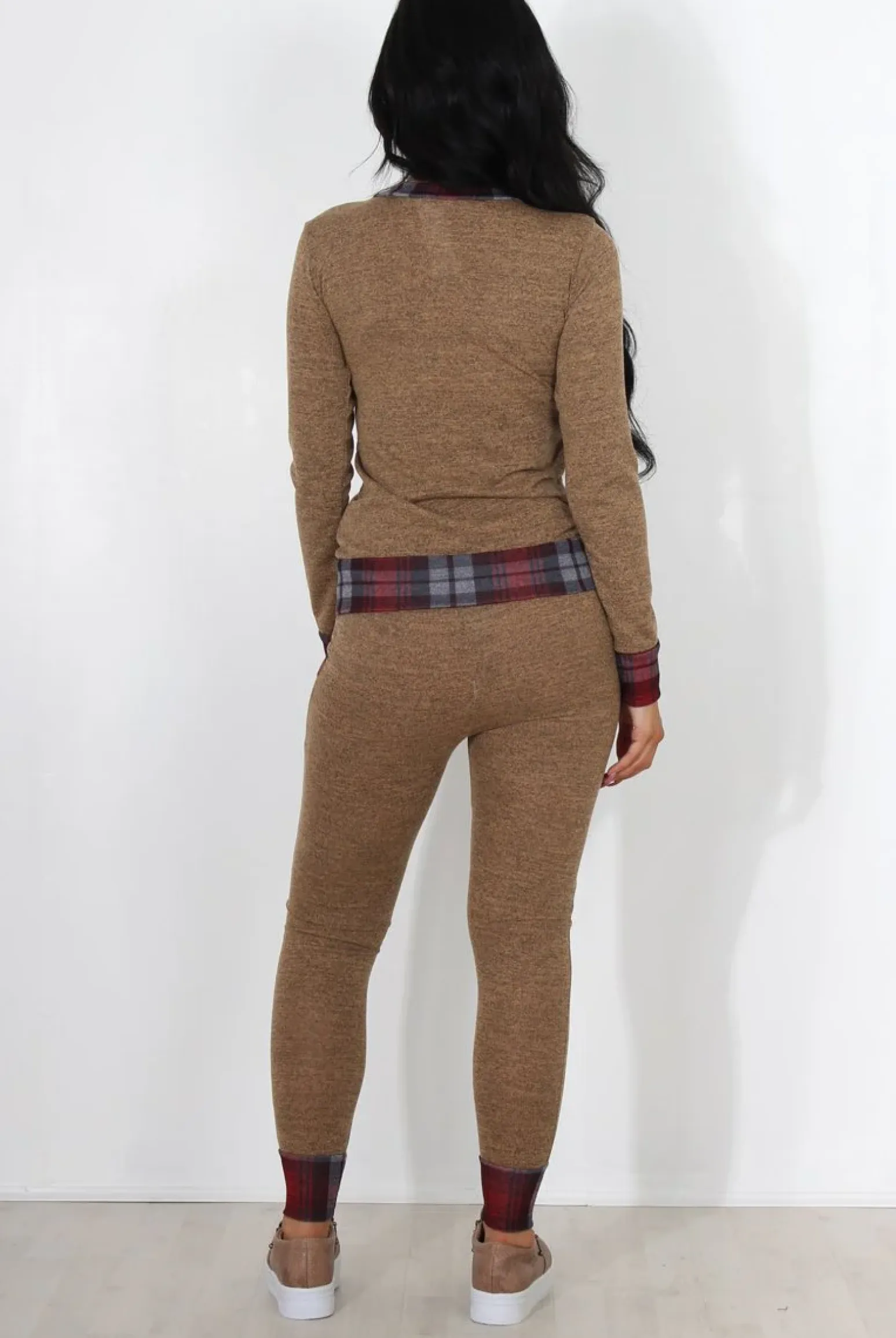 Rebellious Fashion Cathie Camel Tartan Trim Loungewear