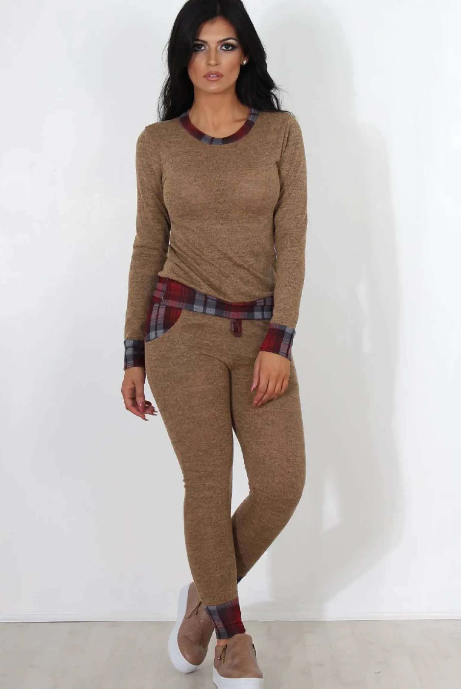 Rebellious Fashion Cathie Camel Tartan Trim Loungewear