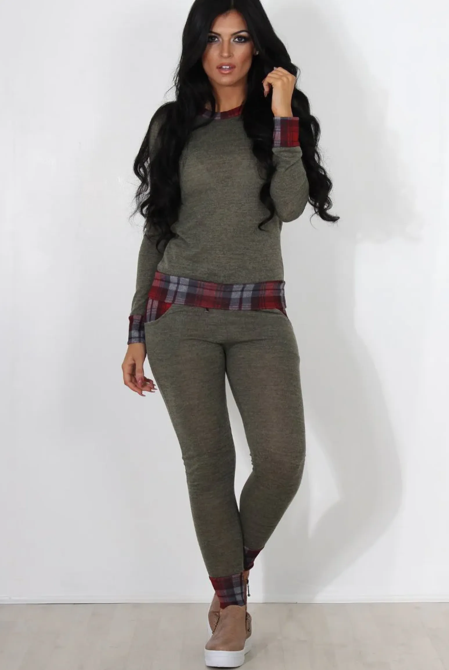 Rebellious Fashion Cathie Khaki Tartan Trim Loungewear