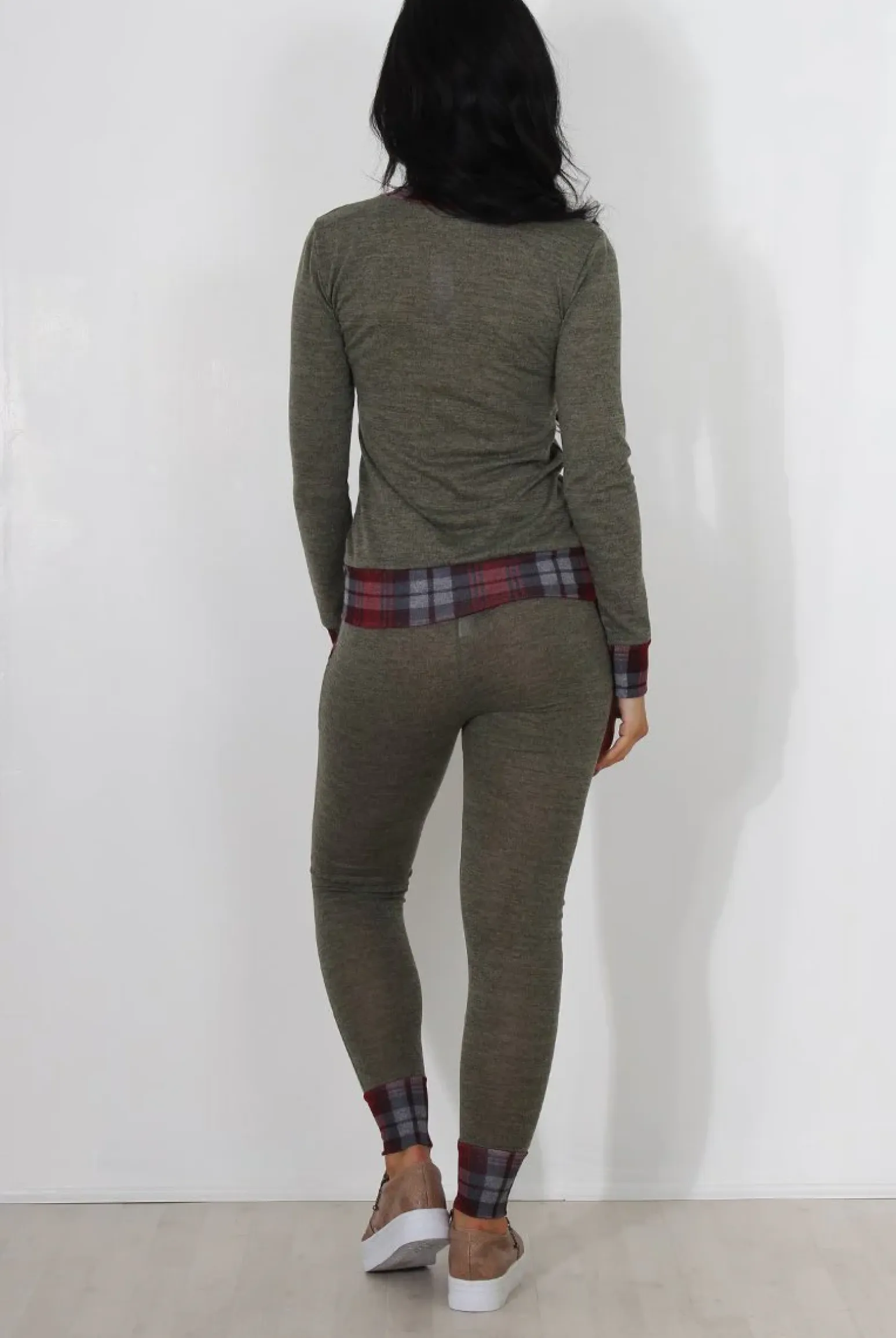 Rebellious Fashion Cathie Khaki Tartan Trim Loungewear