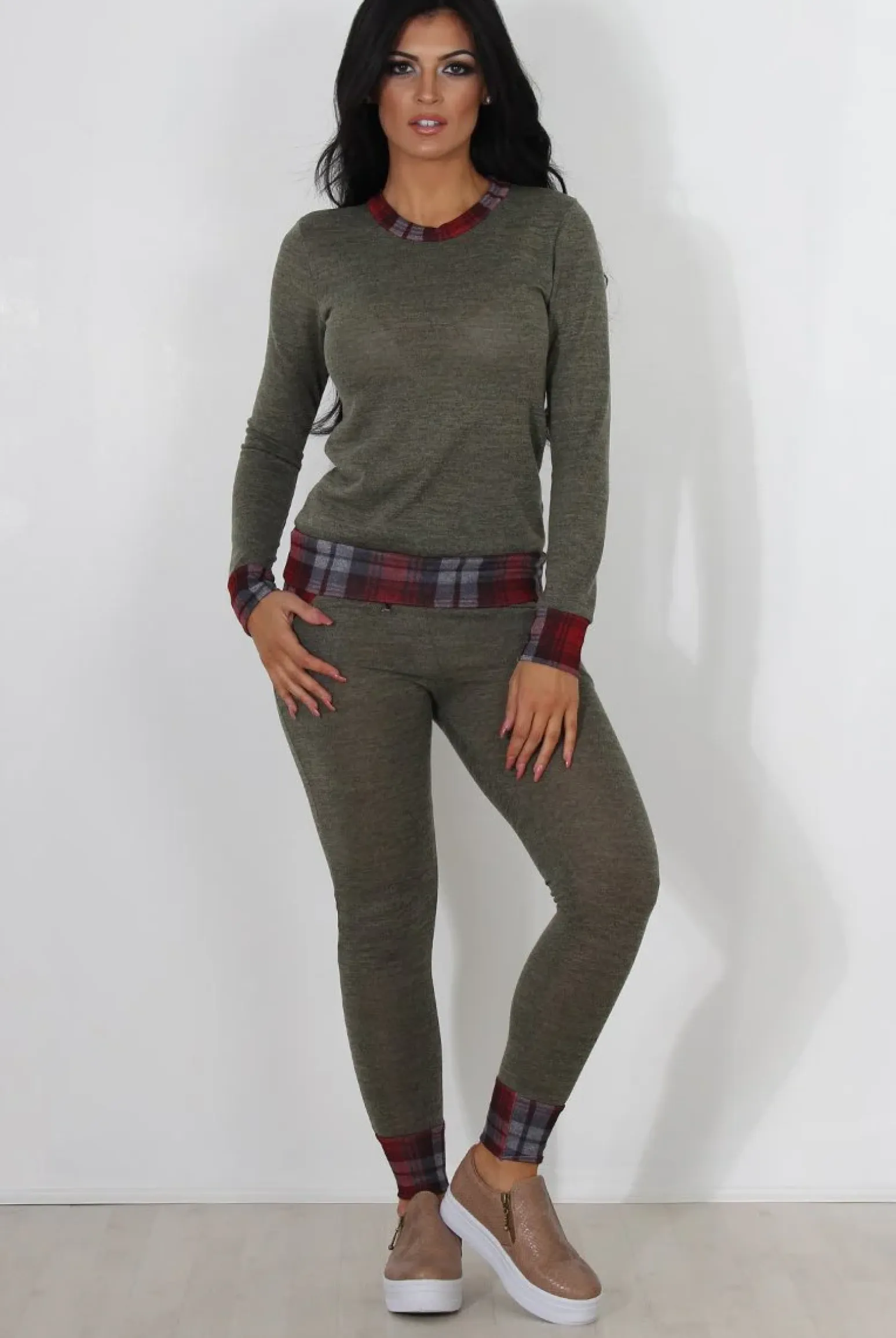 Rebellious Fashion Cathie Khaki Tartan Trim Loungewear