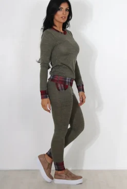 Rebellious Fashion Cathie Khaki Tartan Trim Loungewear