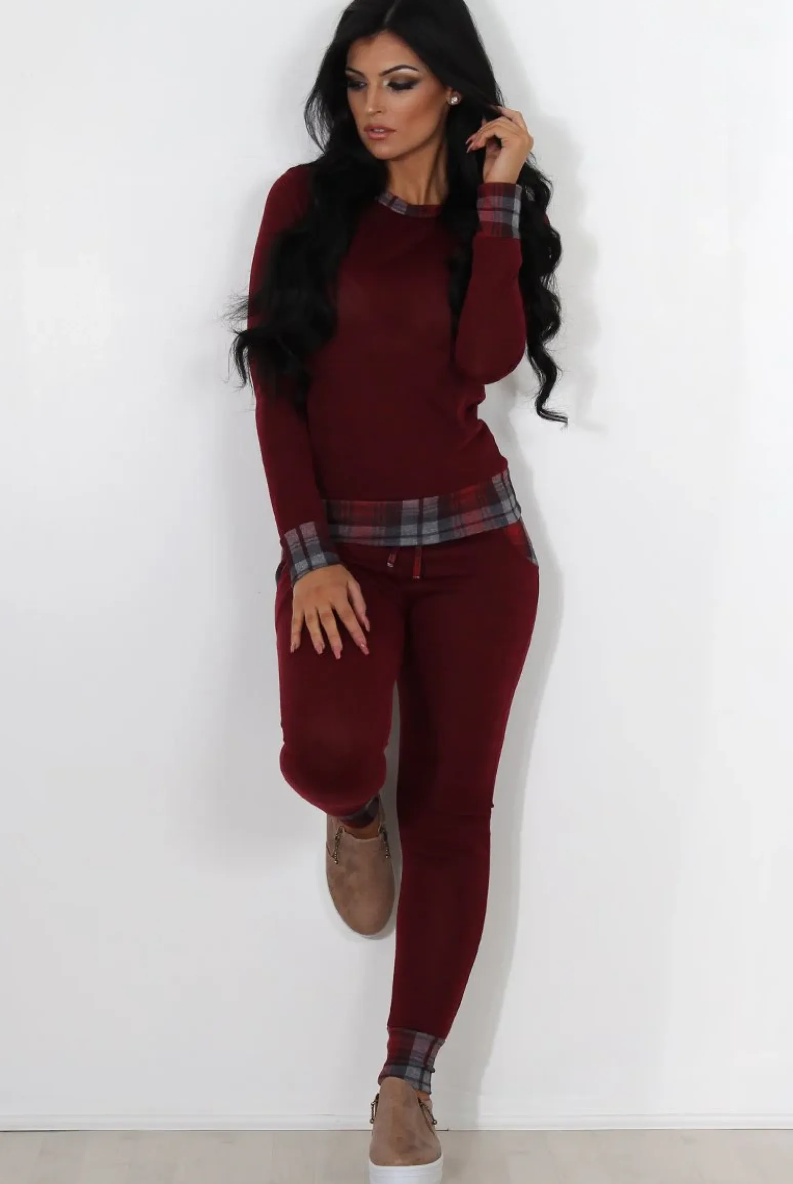Rebellious Fashion Cathie Wine Tartan Trim Loungewear