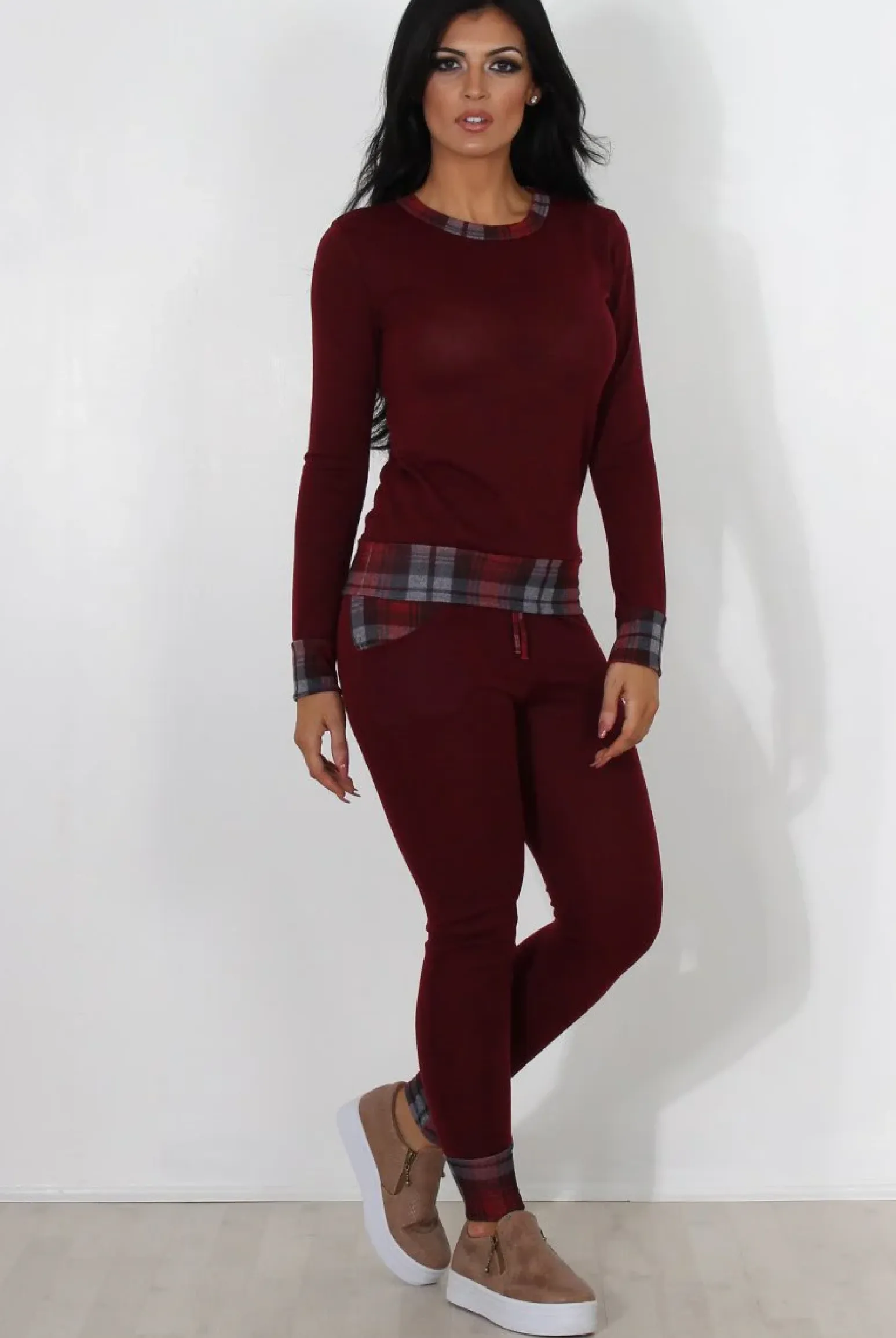 Rebellious Fashion Cathie Wine Tartan Trim Loungewear