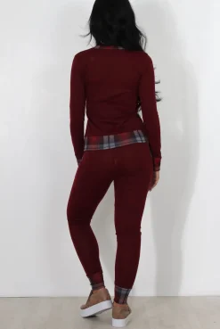 Rebellious Fashion Cathie Wine Tartan Trim Loungewear