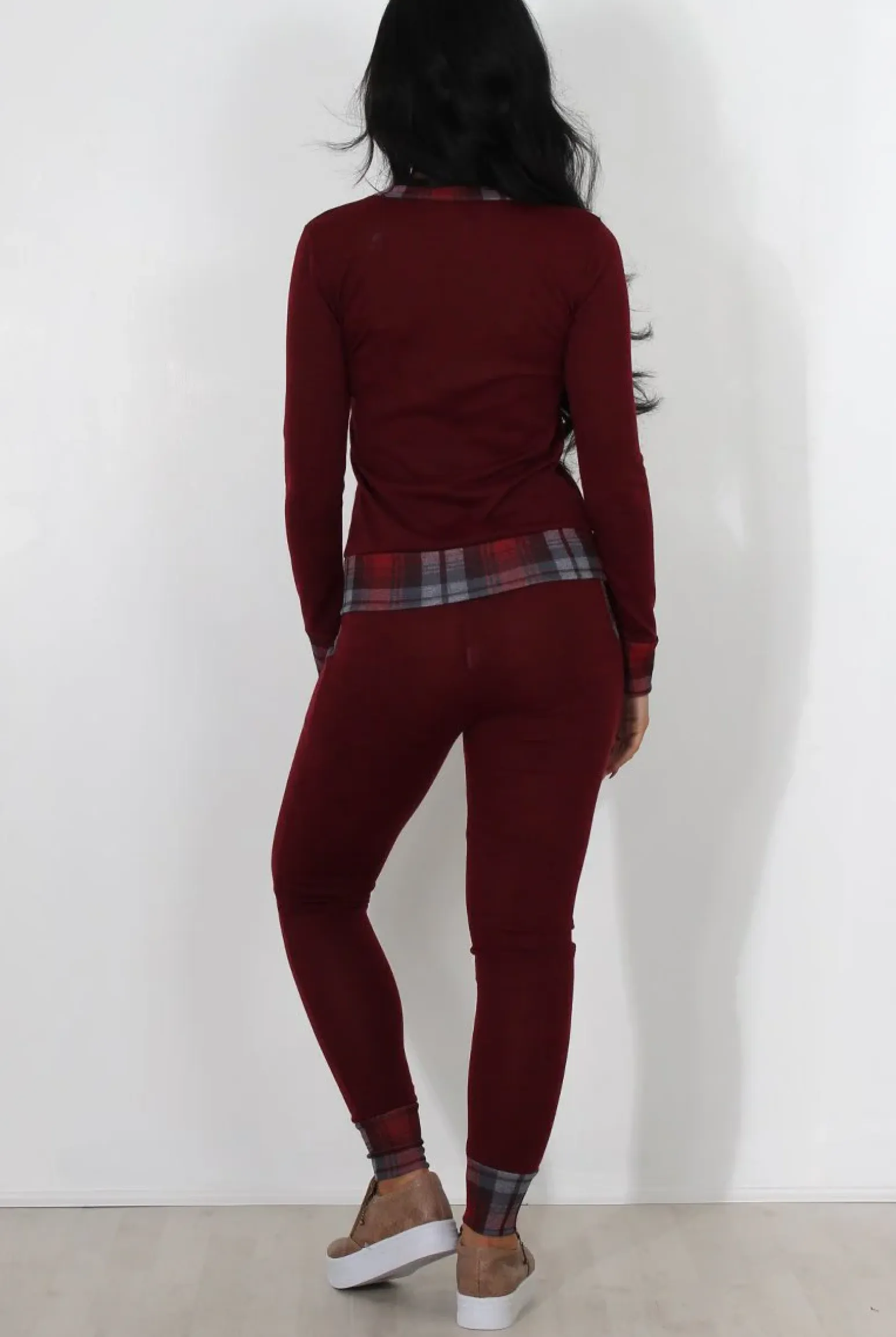 Rebellious Fashion Cathie Wine Tartan Trim Loungewear