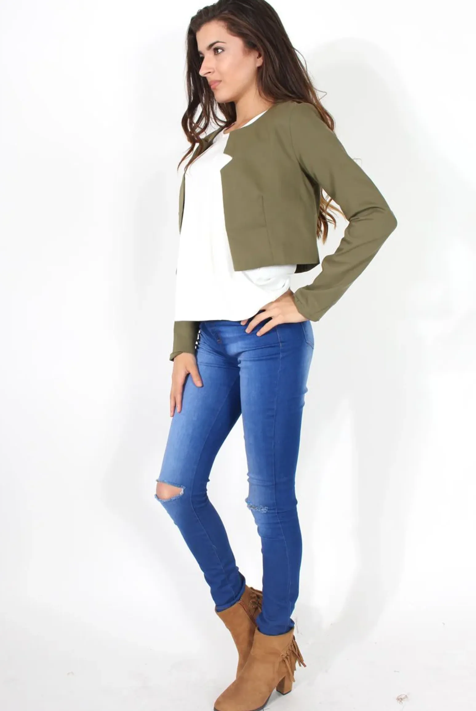 Rebellious Fashion Cat Khaki Crop Jacket