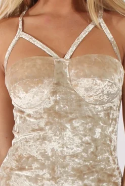 Rebellious Fashion Champagne Crushed Velvet Harness Midi Dress - Chanel