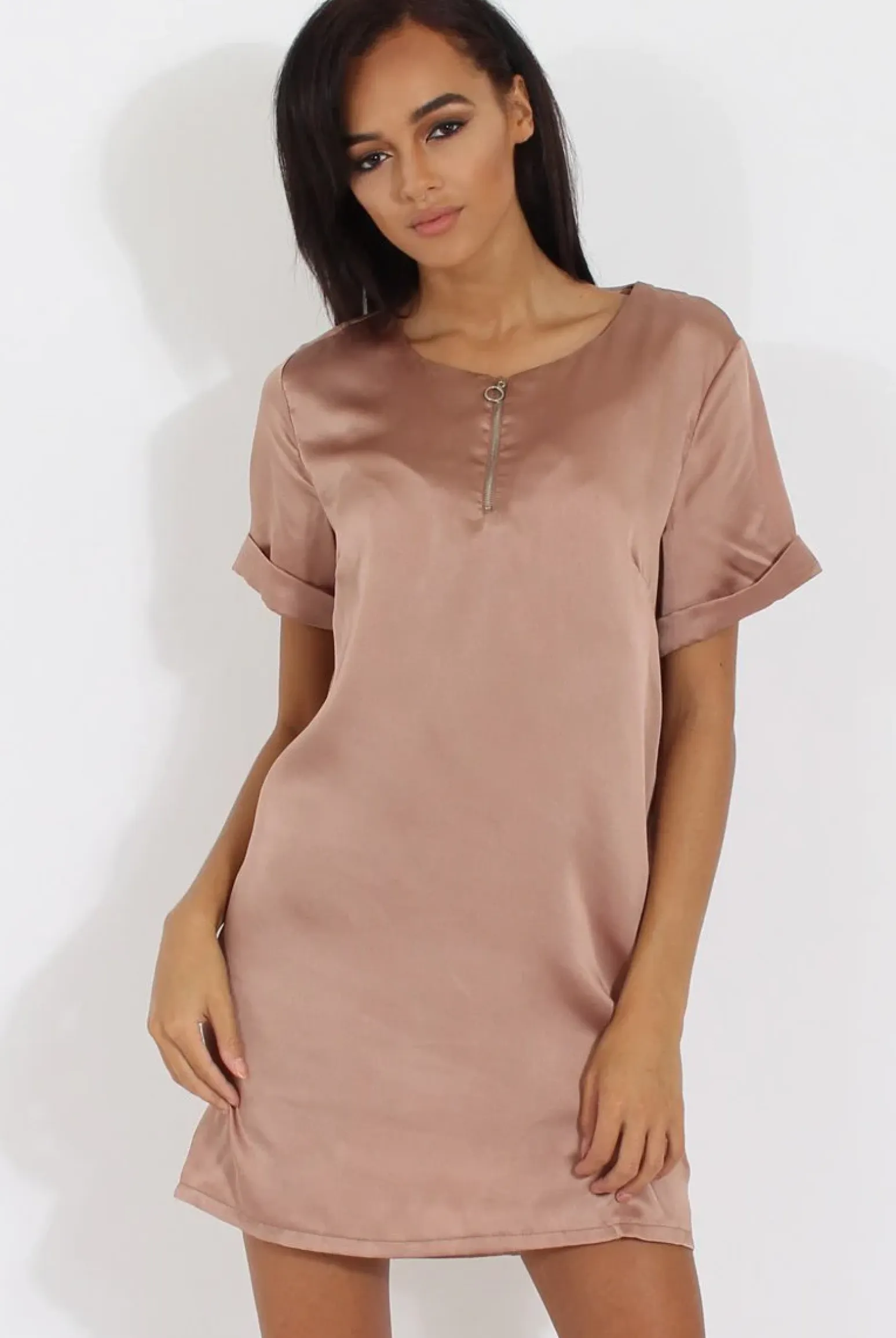 Rebellious Fashion Champagne Satin Zip Tee Dress - Valeria