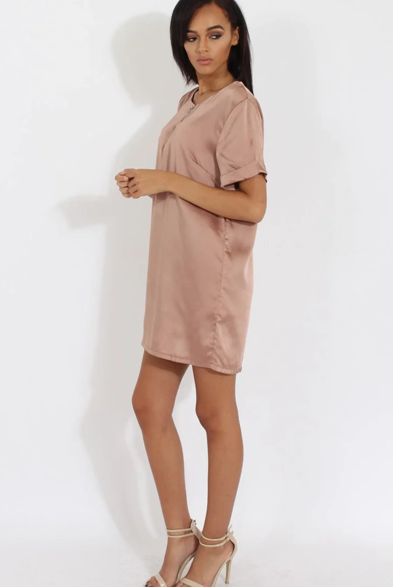 Rebellious Fashion Champagne Satin Zip Tee Dress - Valeria