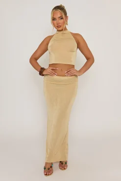 Rebellious Fashion Champagne Acetate Slinky Halter Top & Maxi Skirt Co-ord Set - Alice
