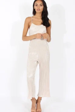 Rebellious Fashion Champagne Metallic Pleated Cropped Jumpsuit - Arabella