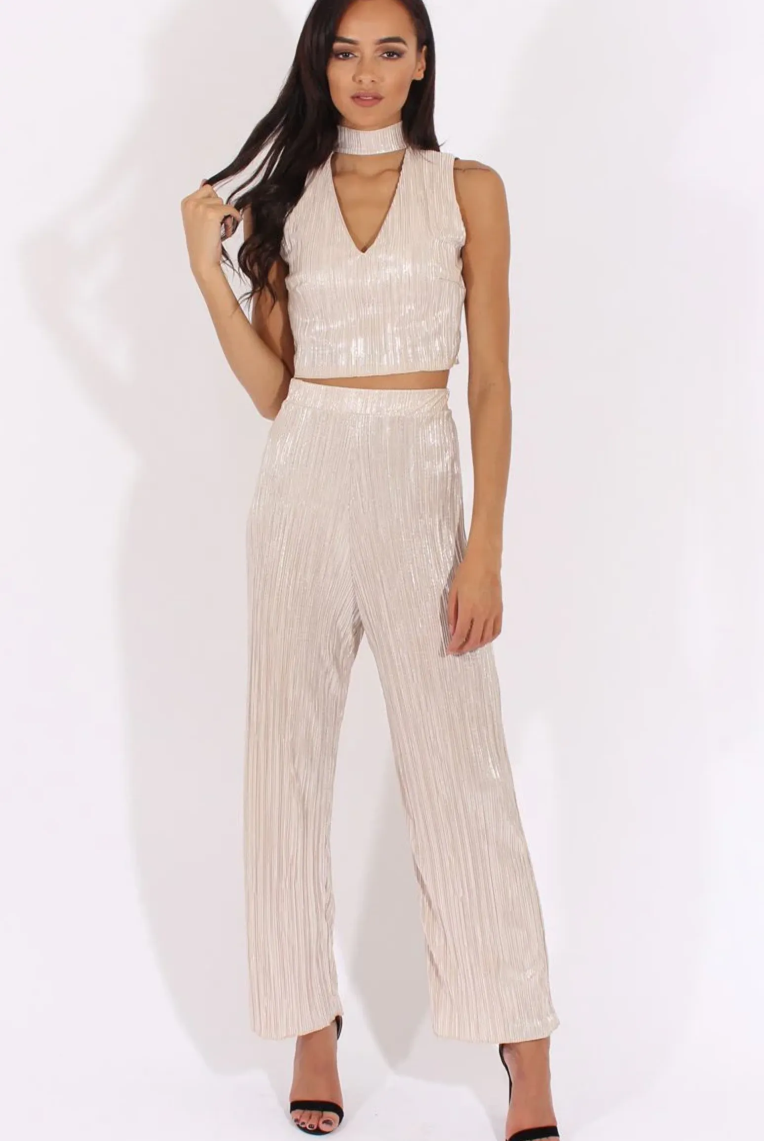 Rebellious Fashion Champagne Metallic Pleated High Waisted Trousers - Phoebe