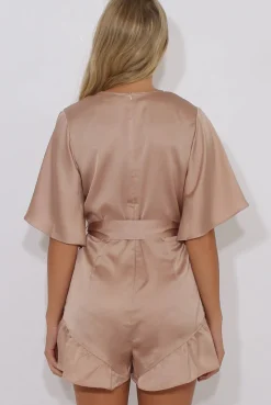 Rebellious Fashion Champagne Satin Plunge Flared Sleeve Tied Waist Playsuit - Crystal