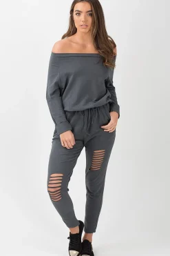 Rebellious Fashion Charcoal Bardot Distressed Jumpsuit - Bethan